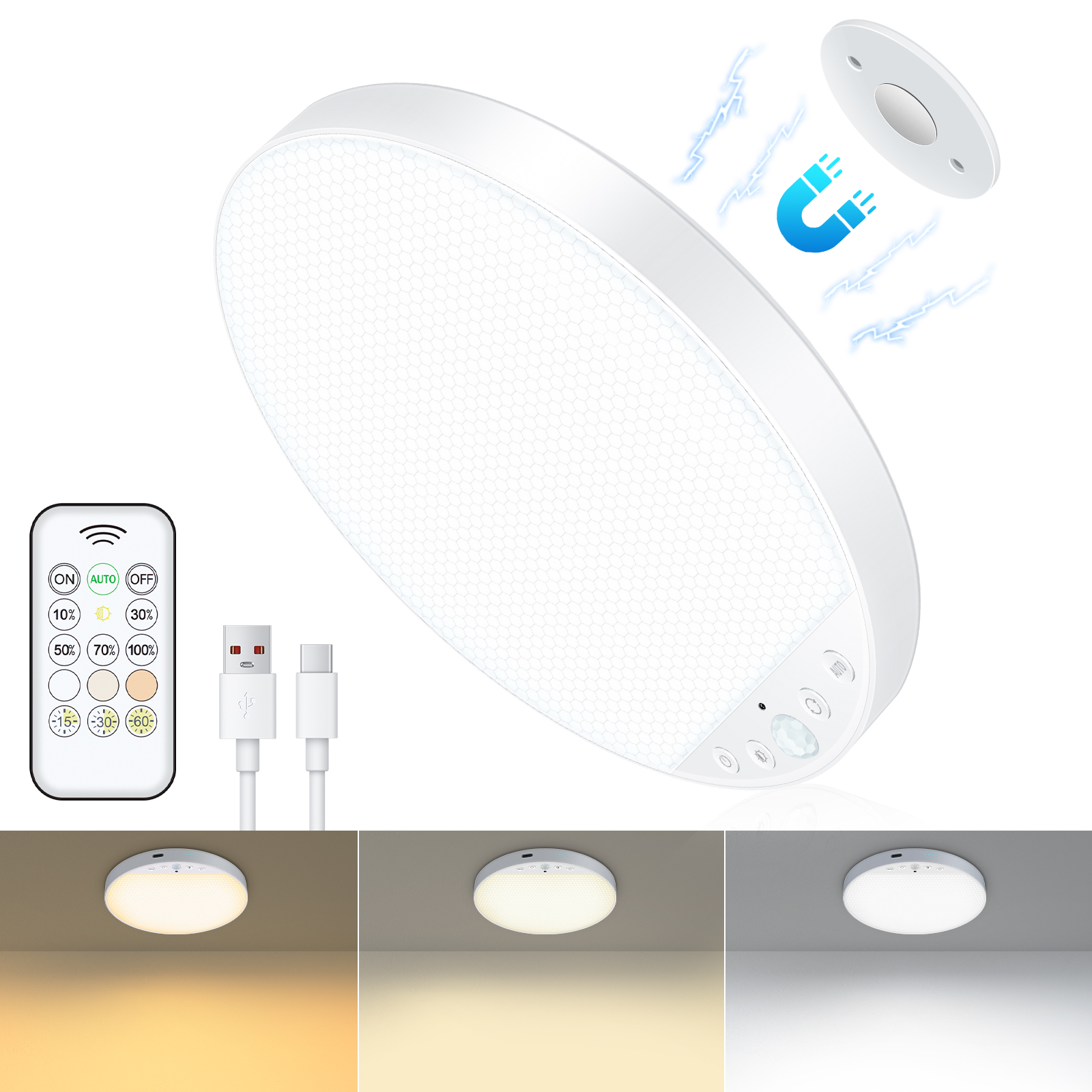 USB-C Rechargeable Ceiling Light, 5000mAh Battery, Motion Sensor & Remote Control, Dimmable for Bedroom,Corridor